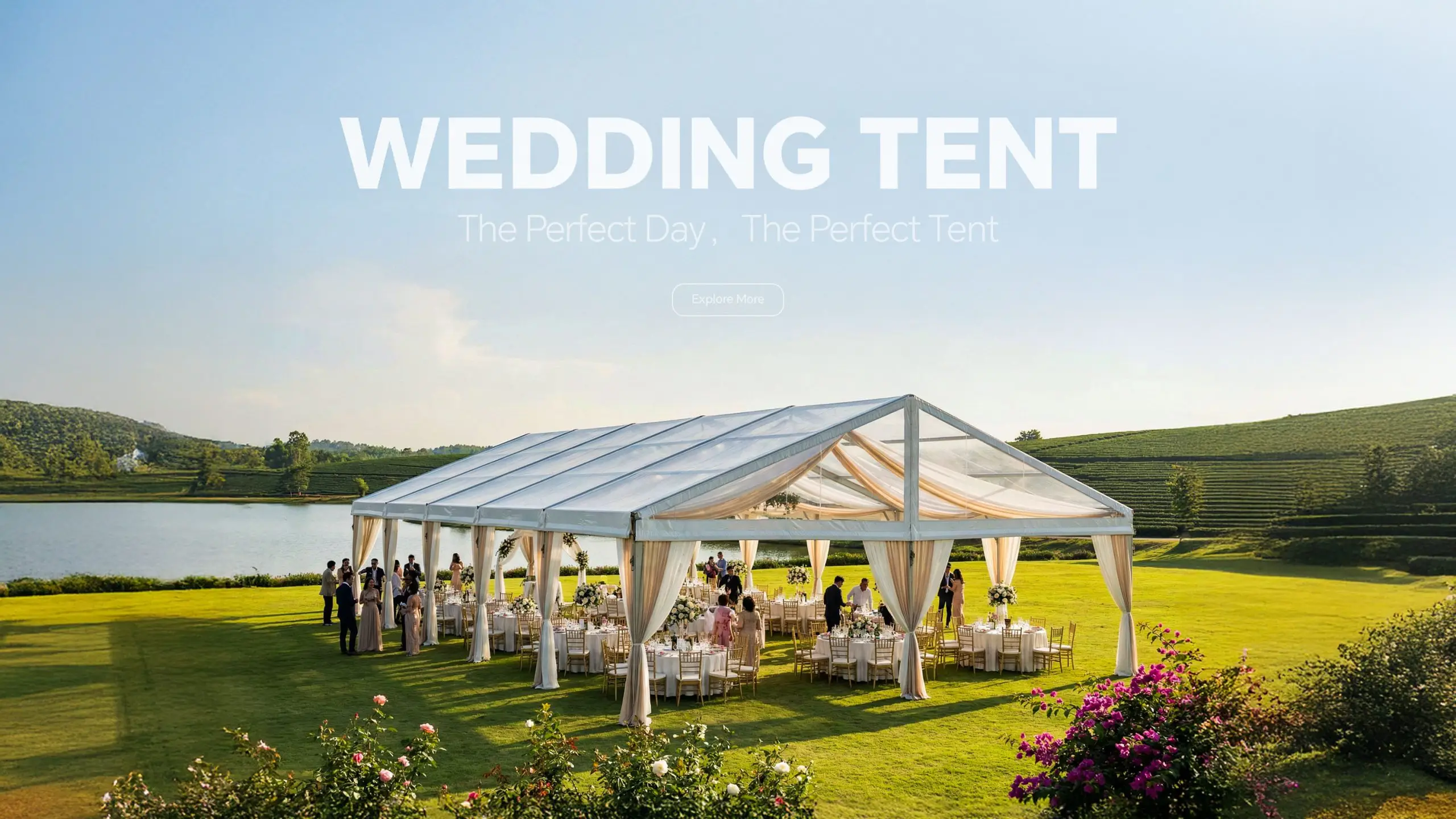 Elegant clear roof wedding tent with decorative draping set up on a scenic green lawn.