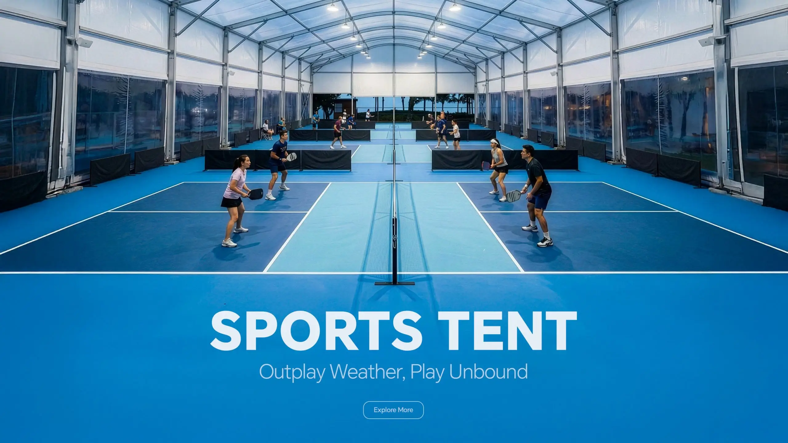 People playing on indoor blue sports courts inside a bright clear span sports structure.