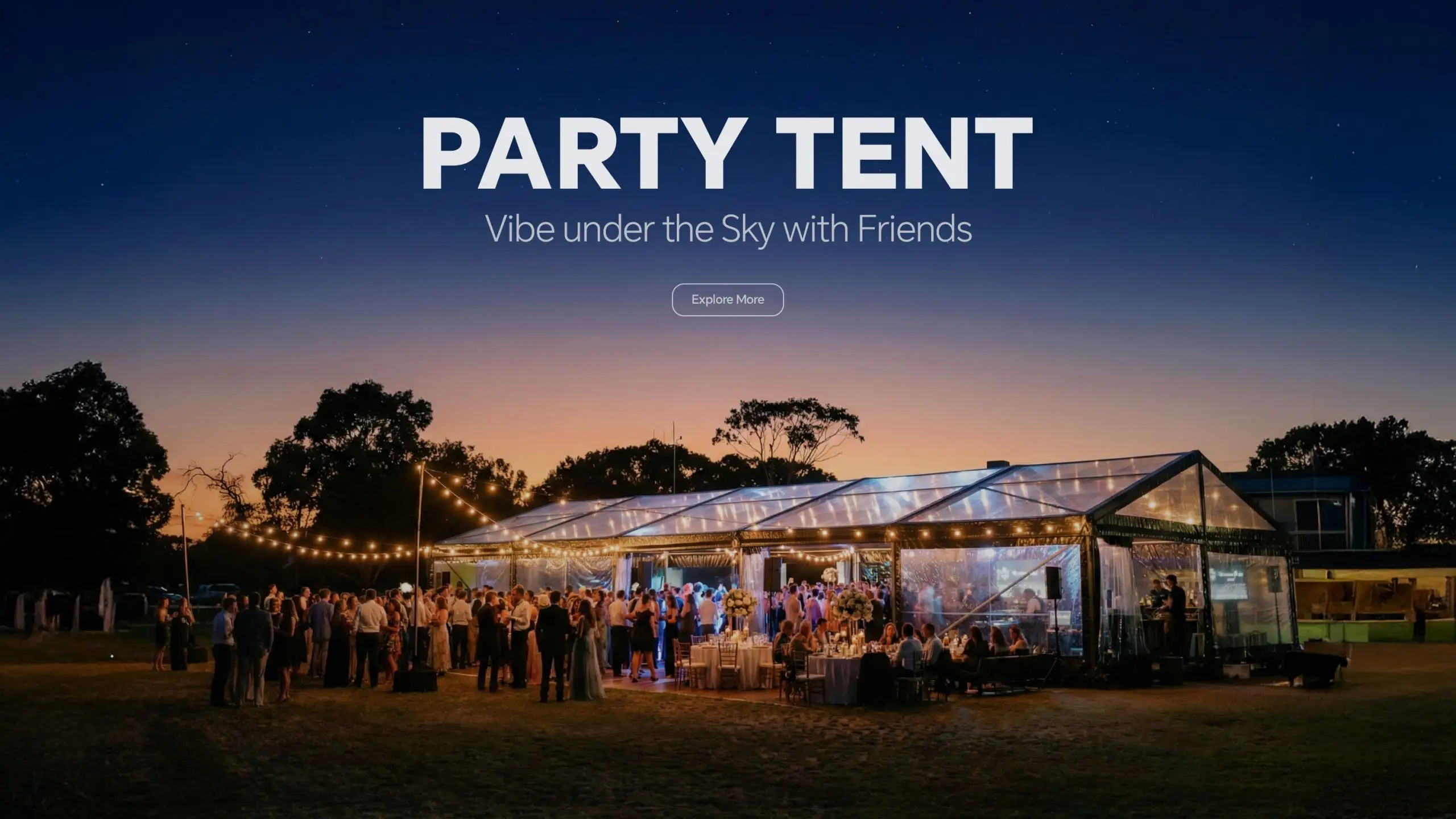 Nighttime outdoor event with guests dining inside a clear roof party tent with string lights.
