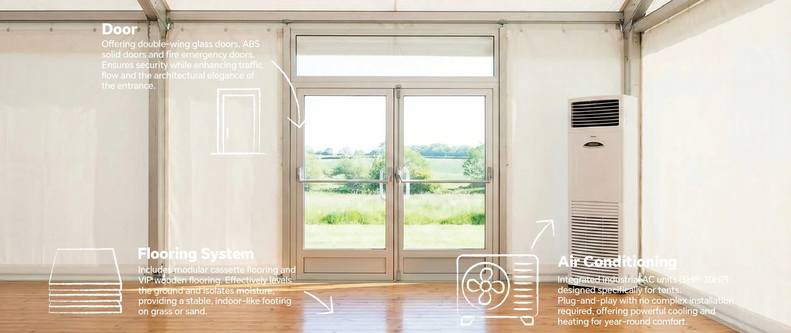Clear span tent entrance showing double glass doors, wooden flooring, and an industrial AC unit.