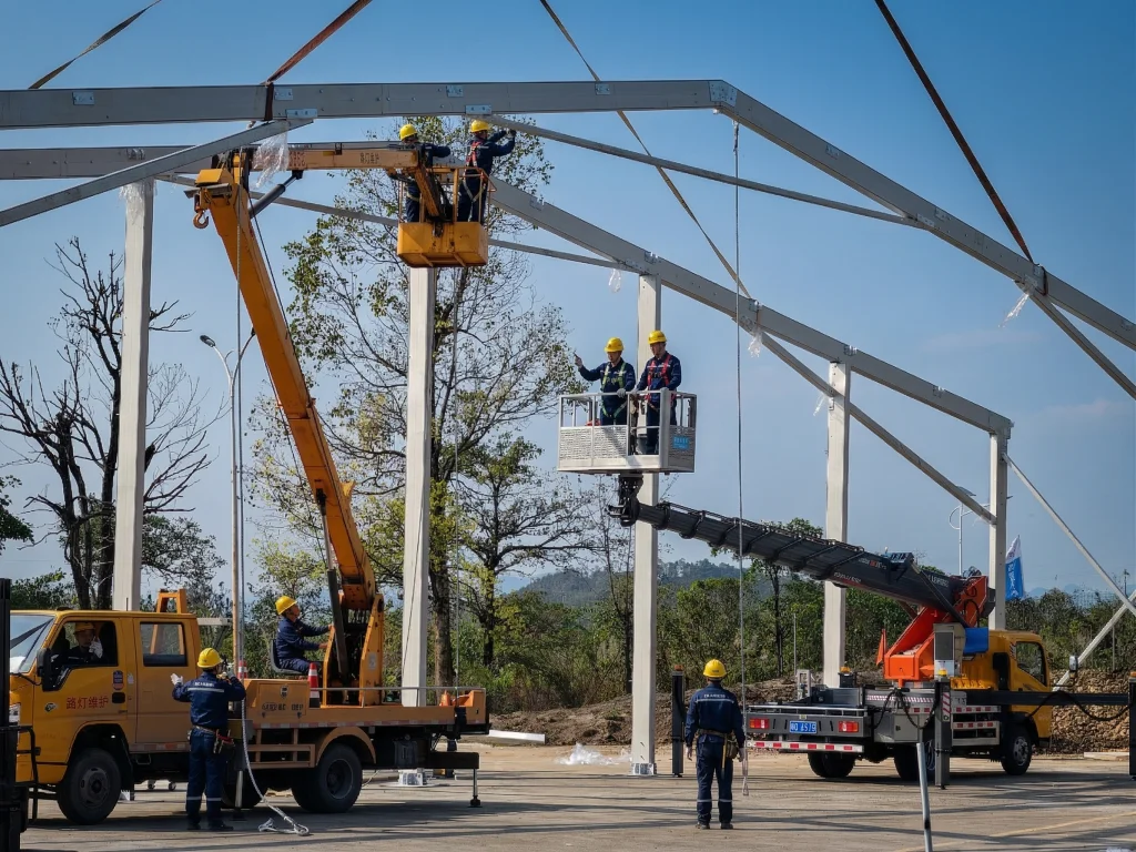 Professional team using cranes to install the heavy duty aluminum frame of a modular clear span tent structure.