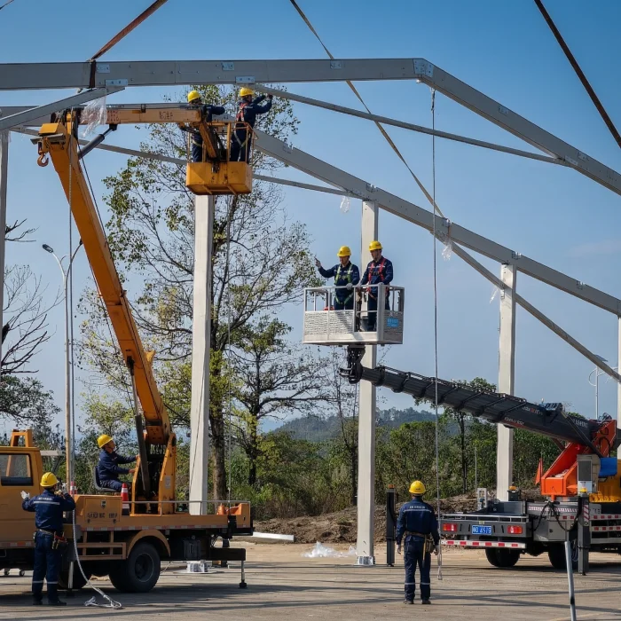 Professional team using cranes to install the heavy duty aluminum frame of a modular clear span tent structure.