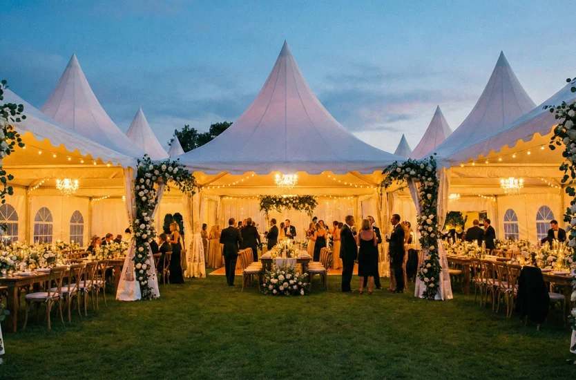 Luxury high peak wedding tent illuminated at night with dining tables and guests.
