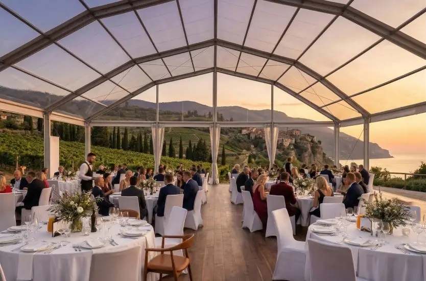 Clear span dining tent with transparent roof and vineyard views at sunset.