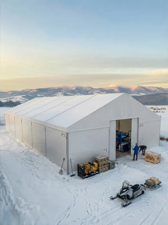 Heavy duty aluminum clear span tent operating as a shelter in a snowy mountainous landscape.