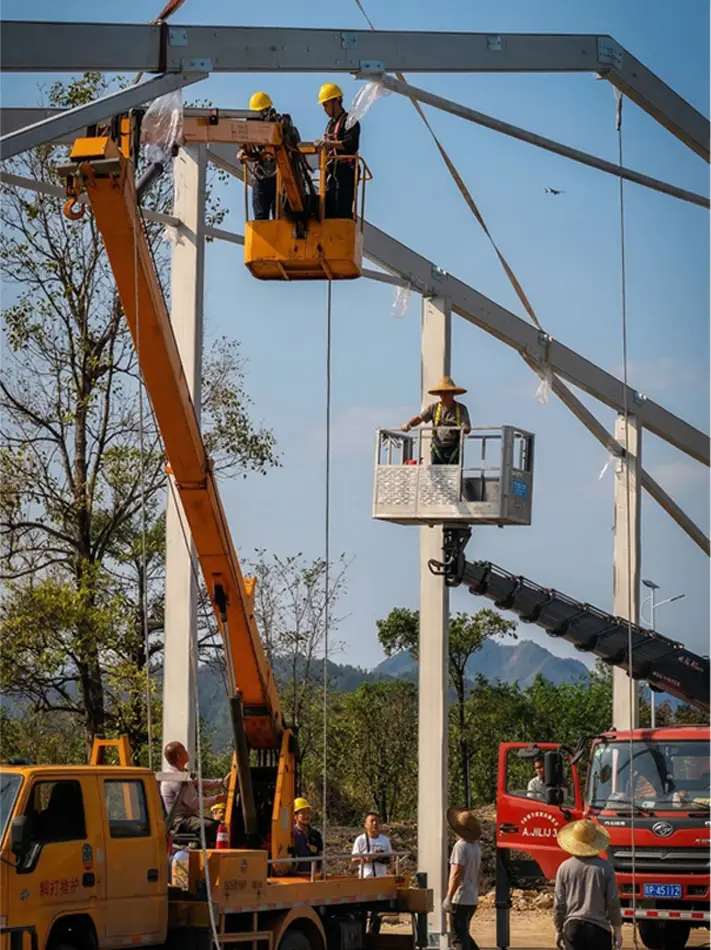 Workers in aerial lifts connecting the high aluminum framework of a heavy duty modular tent.