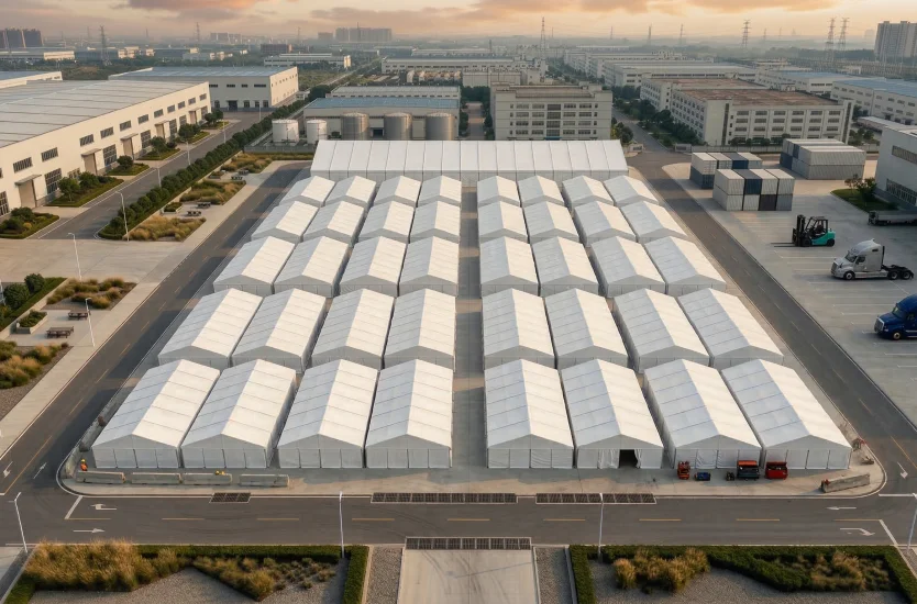 Aerial view of a massive logistics hub featuring numerous interconnected aluminum storage tents.