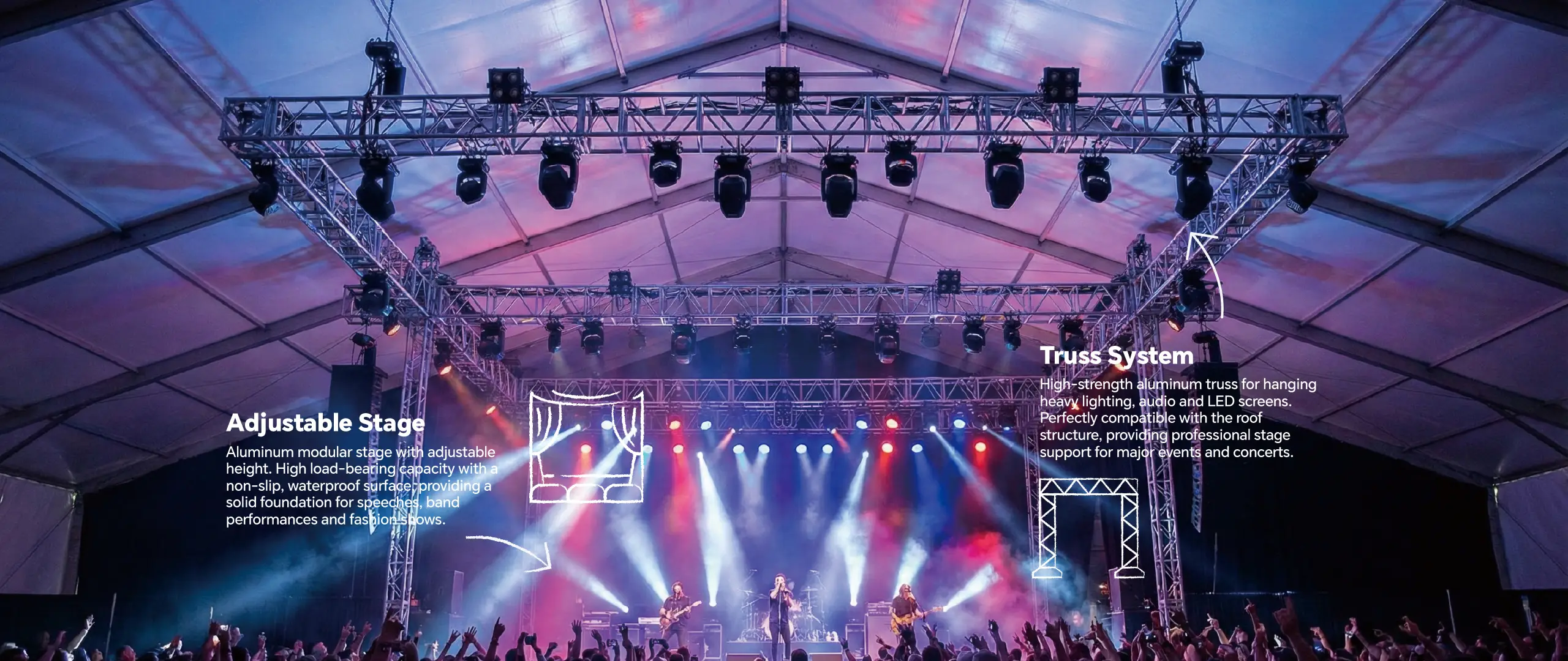 Aluminum clear span tent hosting a concert with a professional stage and heavy-duty lighting truss.