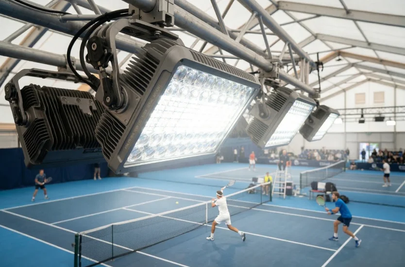 Heavy duty LED lighting fixtures mounted on the aluminum truss of a sports tent.