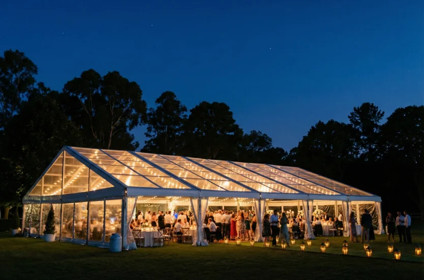 Close-up of heavy-duty aluminum frame connection point on a modular clear span structure.