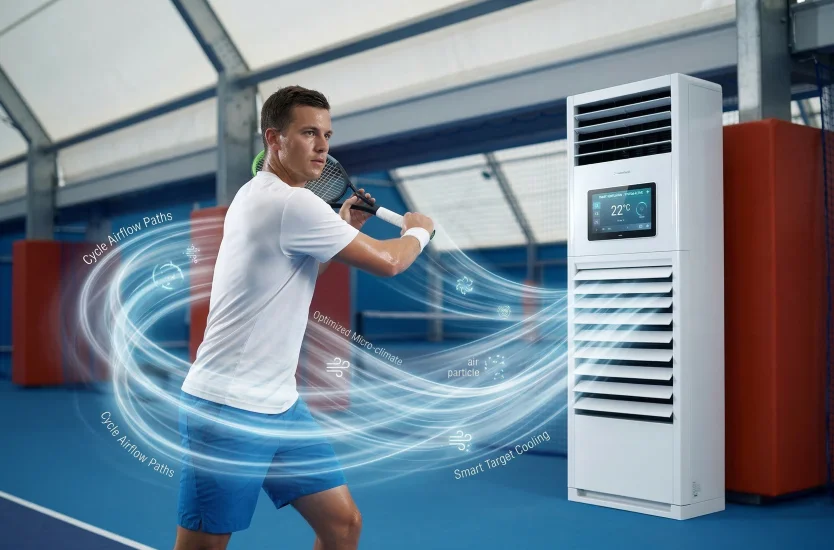Tennis player standing next to a smart air conditioning unit inside a sports tent.