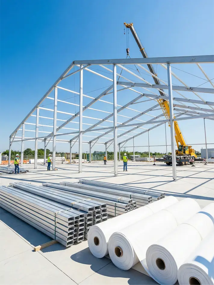 Construction of an aluminum clear span tent structure with a crane lifting frame sections.