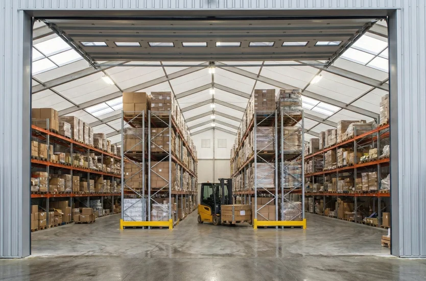 View through an open roller door showing pallet racks inside a large modular storage tent.