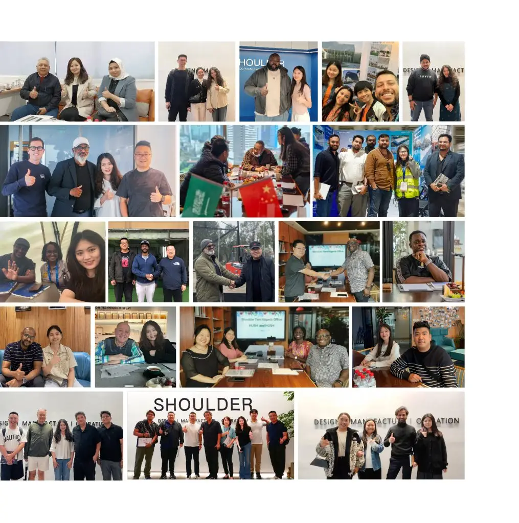 Collage of Shoulder team members shaking hands and posing with international clients.